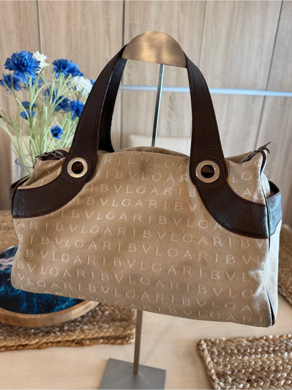 Bvlgari Bulgari VTG Canvas Tote Bag + Removable Logo Charm for Necklace Pendant